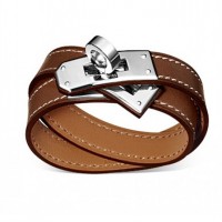 Hermes Rivale Double Wrap Light Coffee Bracelet With Silver